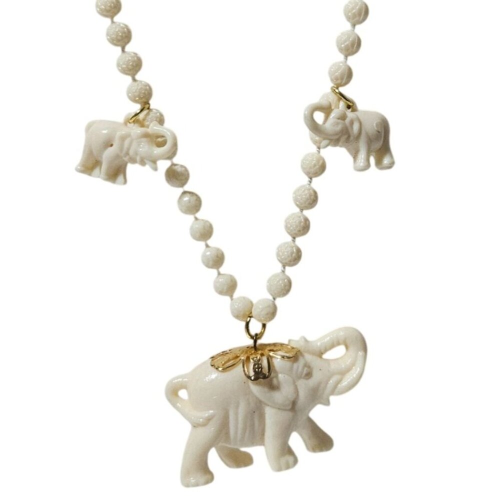 Vintage Carved Lucky Elephant Bead Necklace Gold Accents Fashion Jewelry Women